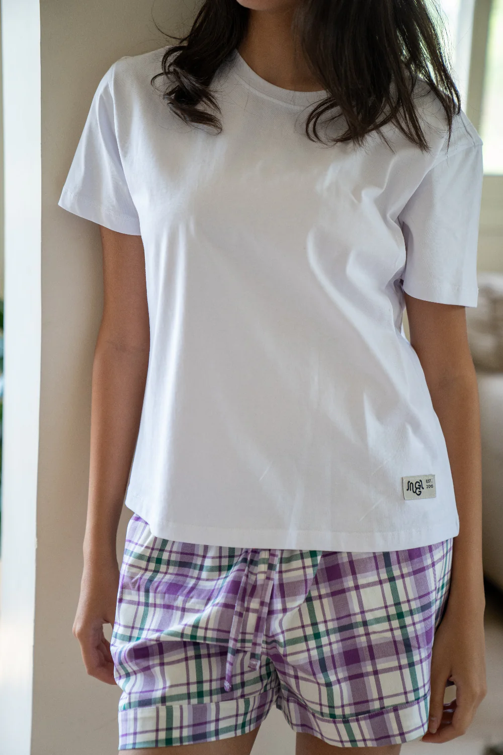 Women Summer Pajama set White T-shirt + Green X Purple Tartan Plaid Shorts - Image 2
