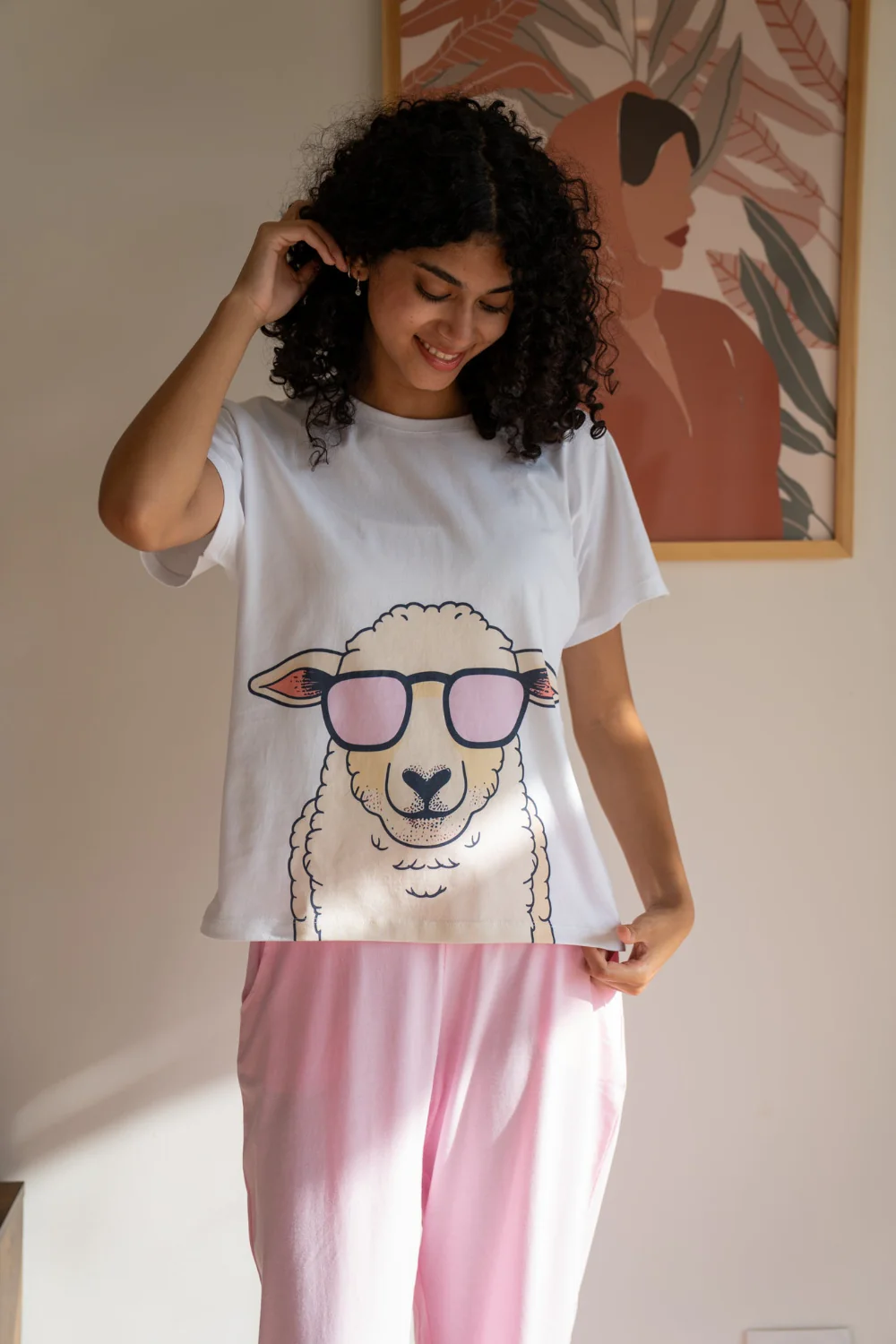 Women Summer Sheep PJ Set White T-Shirt + Rose Pants - Image 3
