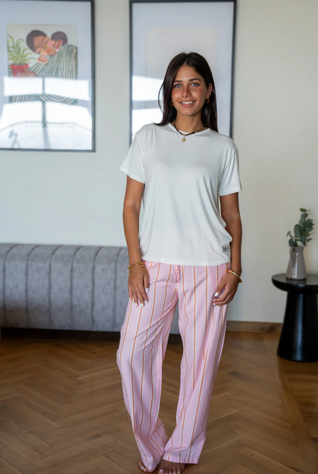 Women summer pajama set White T-shirt + Soft Candy x Orange Stripes Pants - Image 3