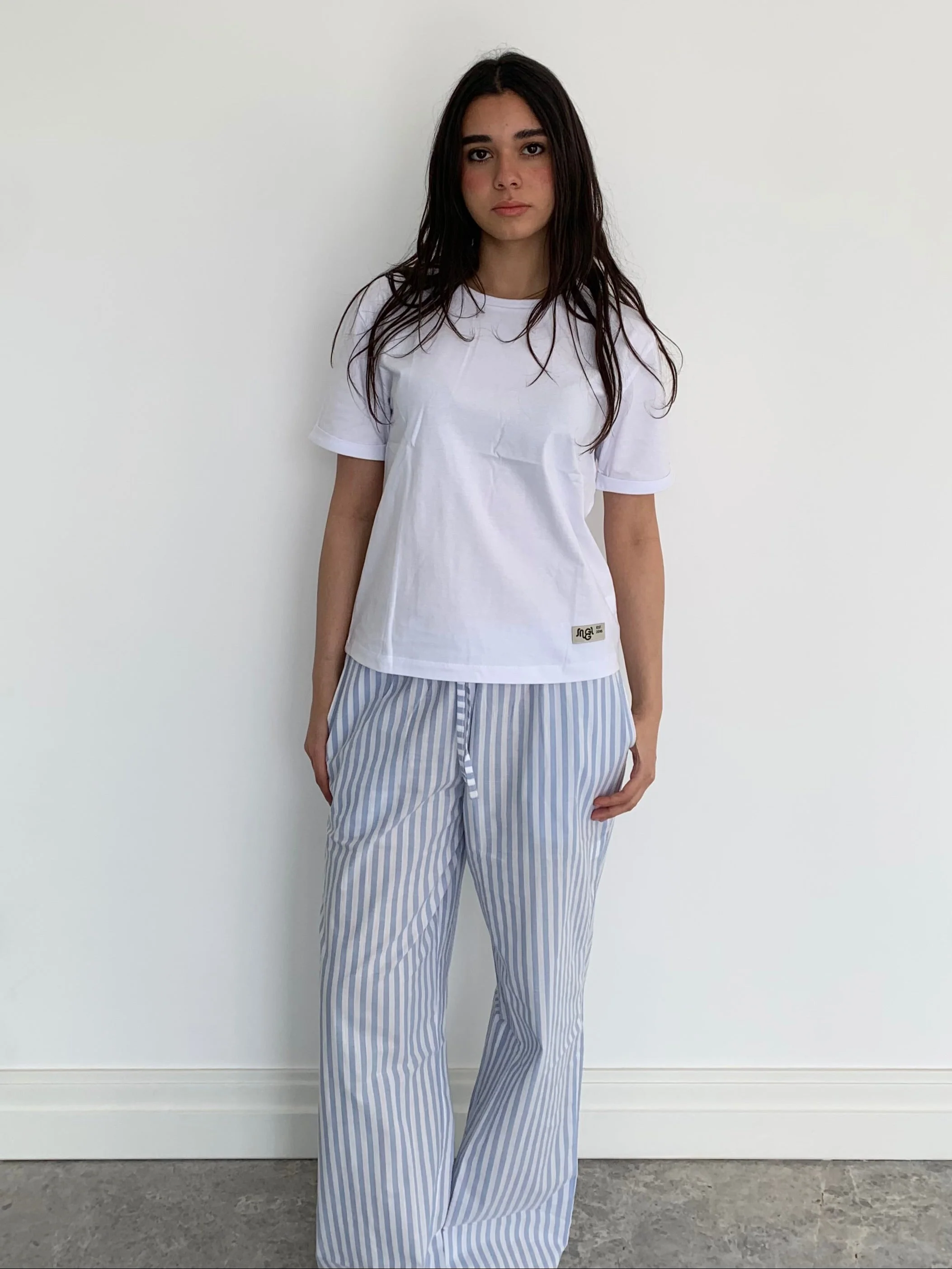 Women summer pajama set White Tee + Baby blue stripes Pants - Image 2