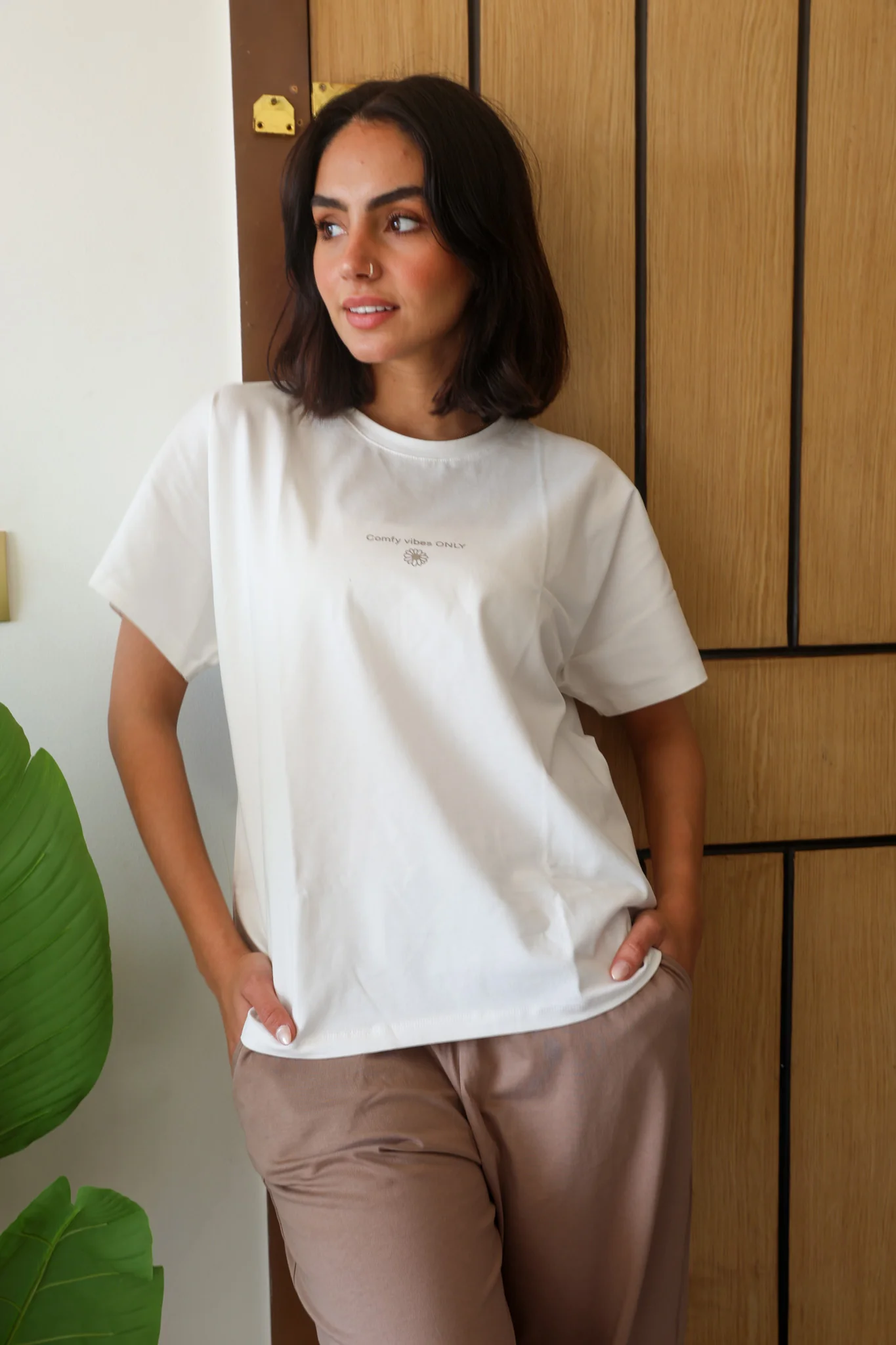 Women summer pajama set White T-shirt + Cafe Pants - Image 2