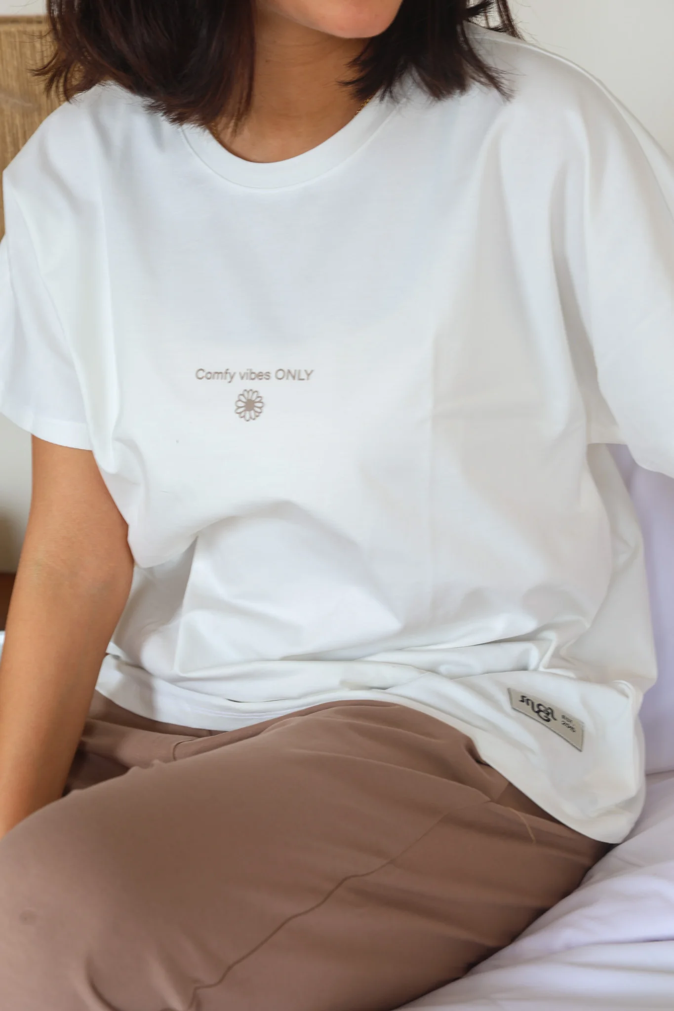 Women summer pajama set White T-shirt + Cafe Pants - Image 3