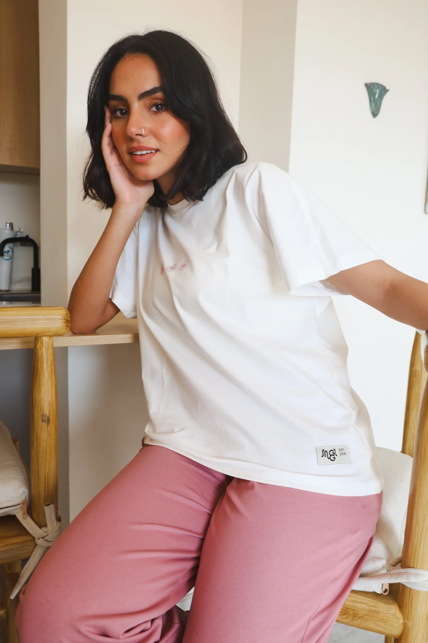 Women summer pajama set White T-shirt + Cashmere Pants - Image 2