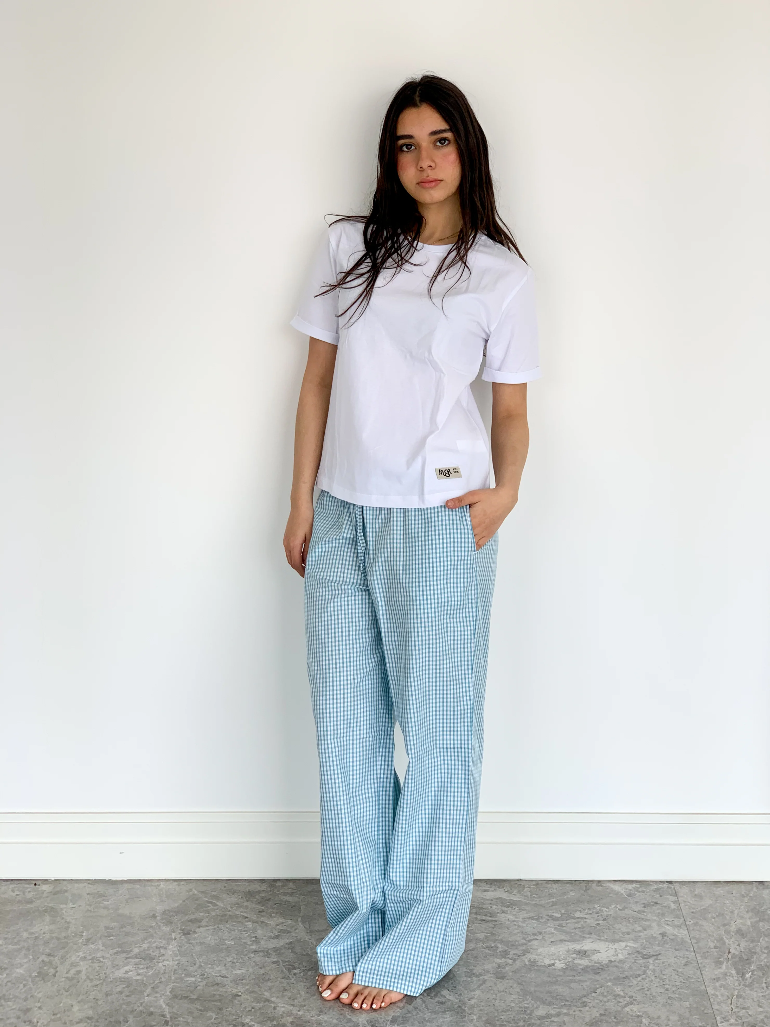 Women summer pajama set White Tee + Dusty blue Gingham Pants - Image 2