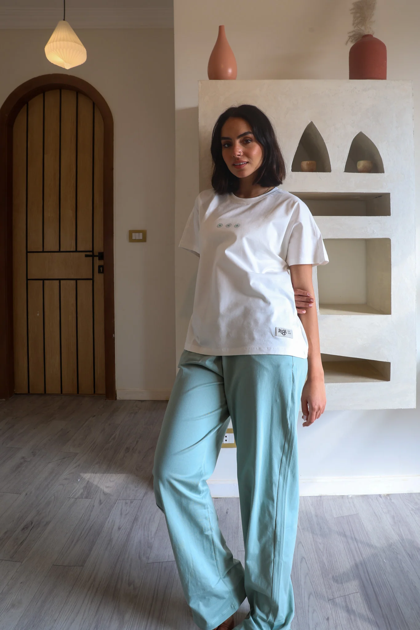 Women summer pajama set White T-shirt + Mint Green Pants - Image 2