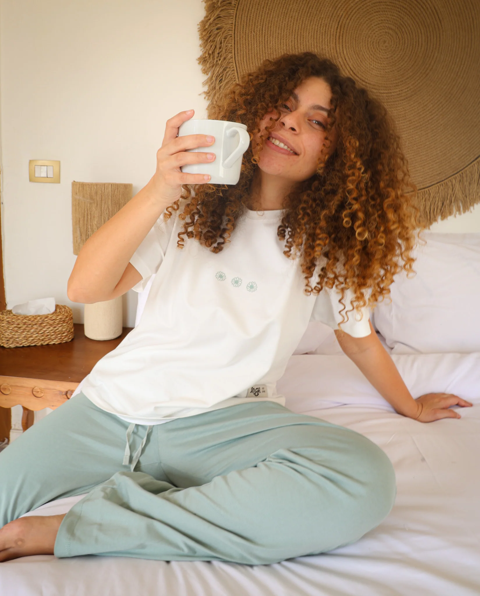 Women summer pajama set White T-shirt + Mint Green Pants - Image 3