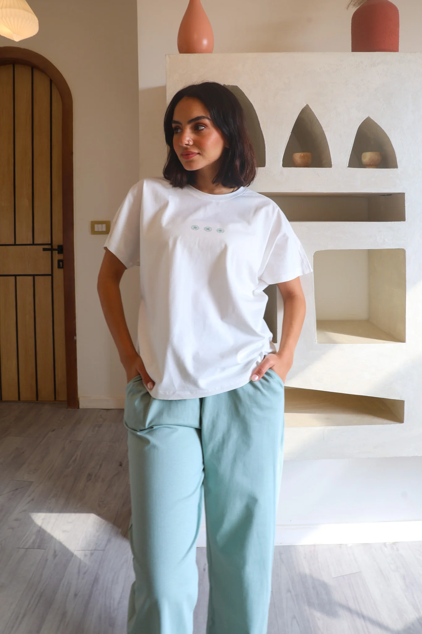 Women summer pajama set White T-shirt + Mint Green Pants - Image 4