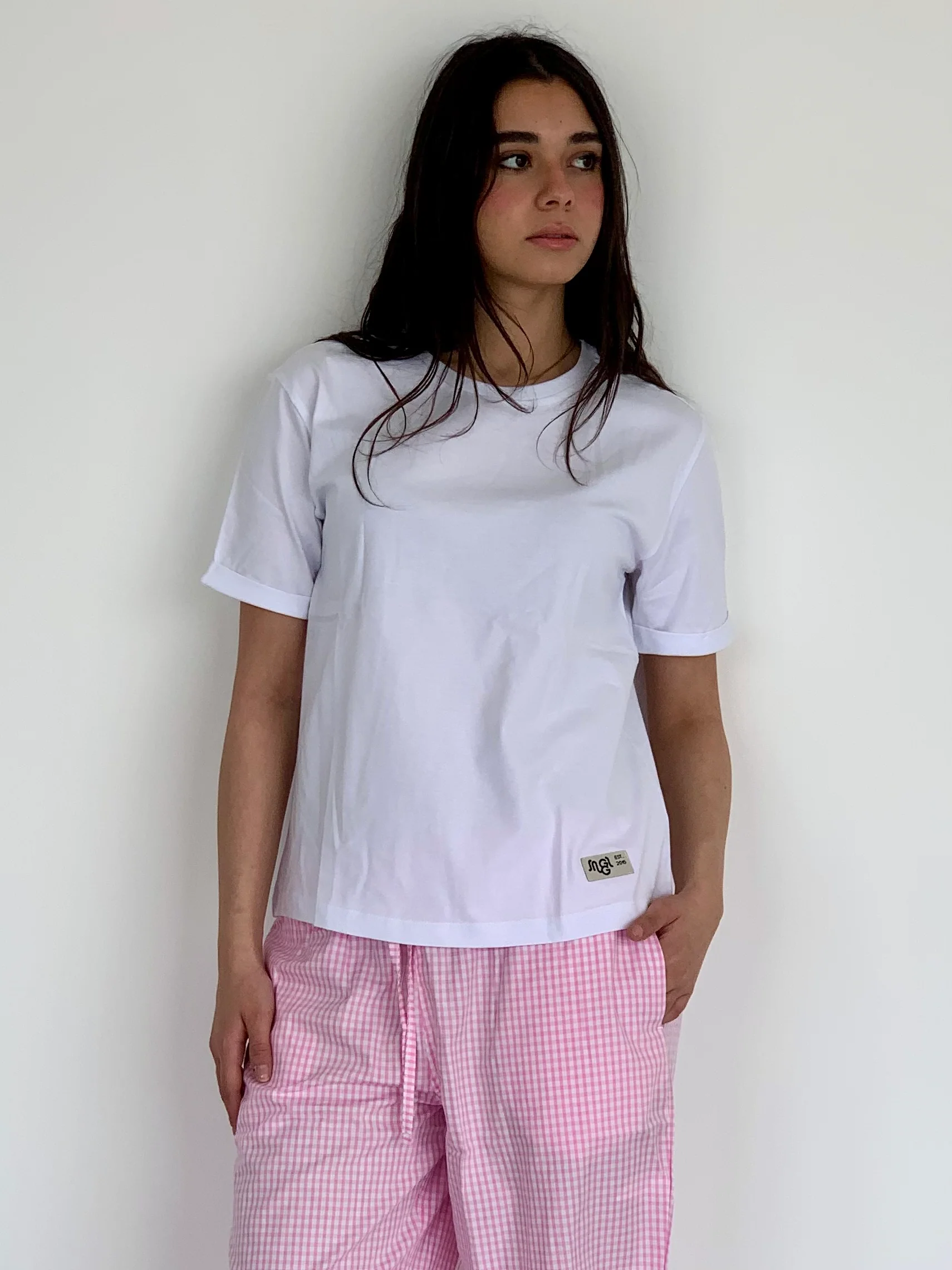 Women summer pajama set White Tee + Pink Gingham Pants - Image 2
