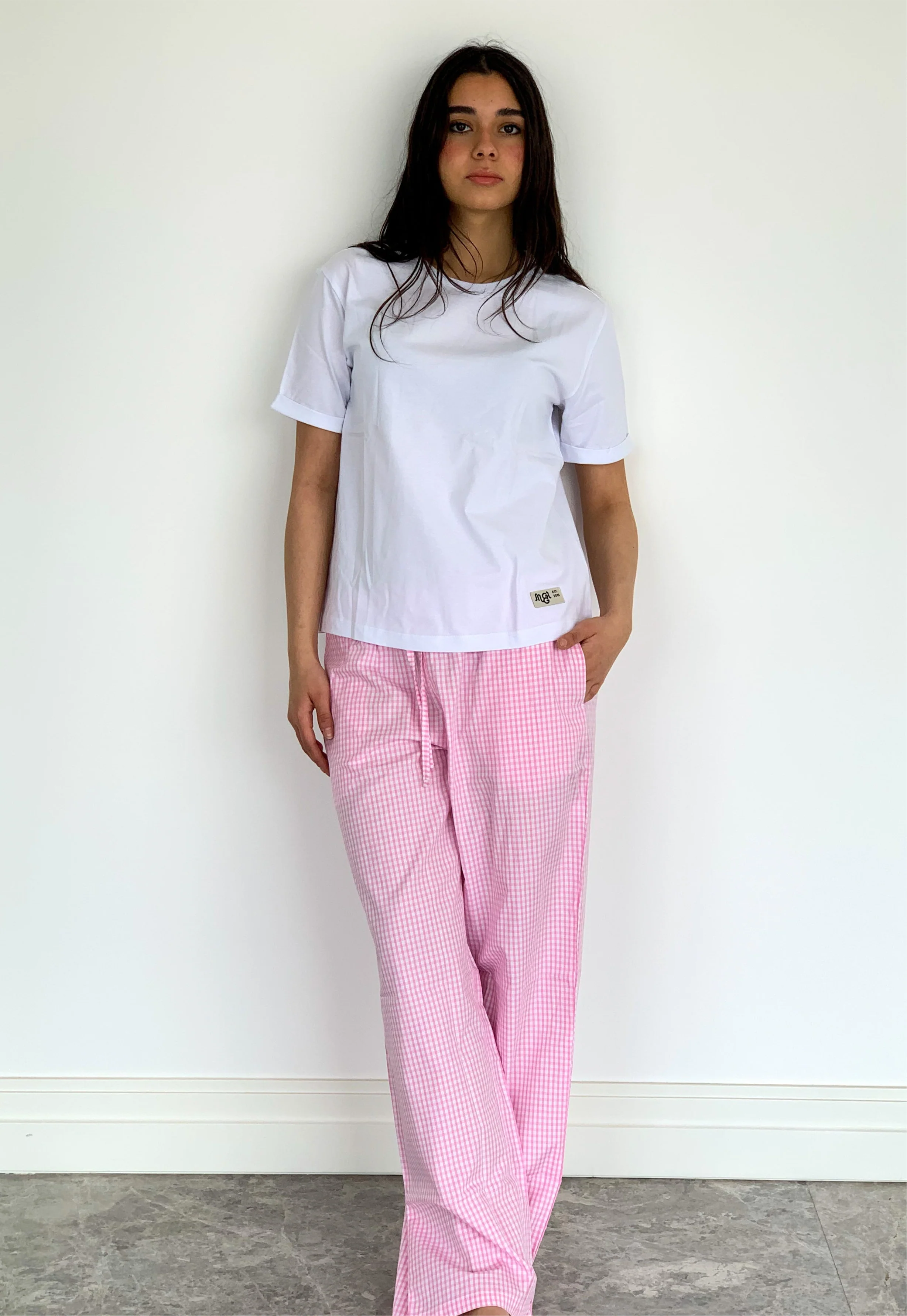 Women summer pajama set White Tee + Pink Gingham Pants - Image 3