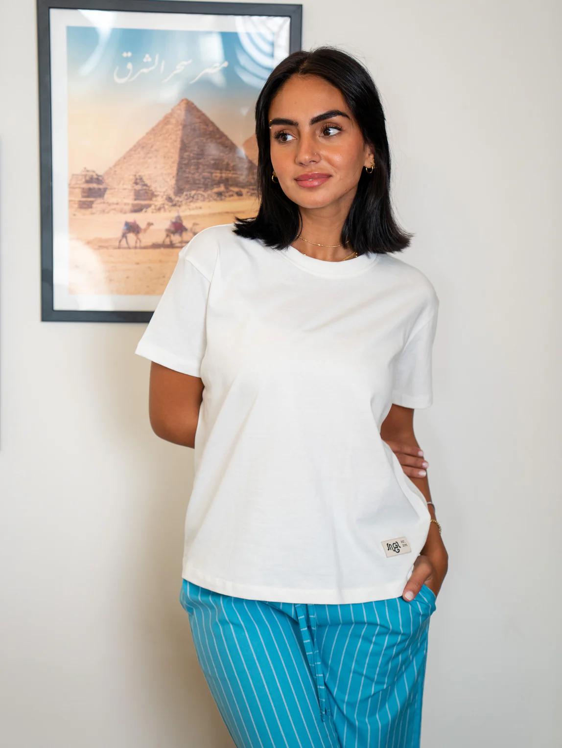 Women summer pajama set White Tee + Teal X White Stripes Pants - Image 3