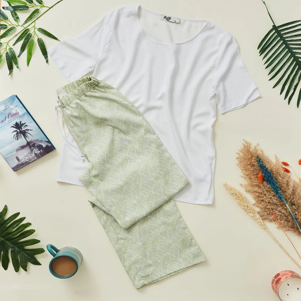 Women summer pajama White top + Mint leaves pants - Image 2