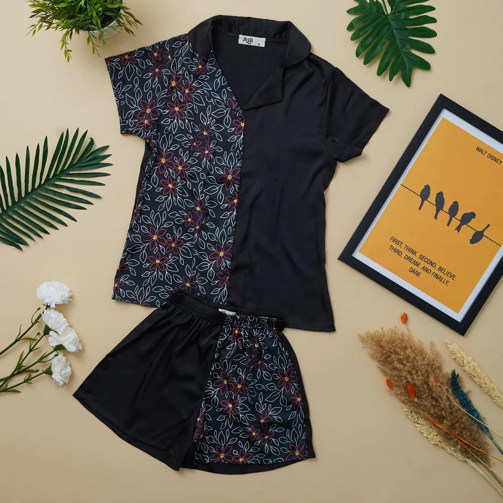 Women summer satin pajama set Black Flowered buttoned shirt +shorts - Image 2