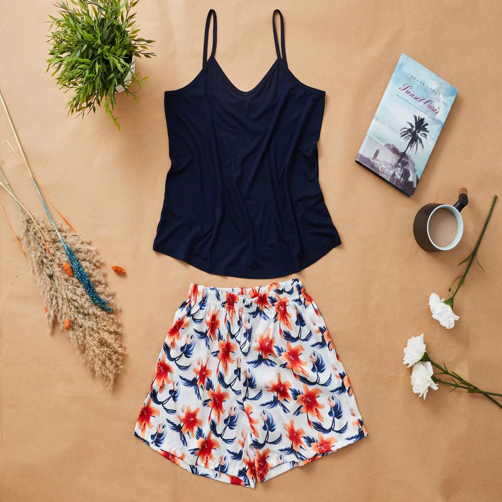 Women summer satin pajama set Dark blue Top +Orange x Dark blue flower shorts