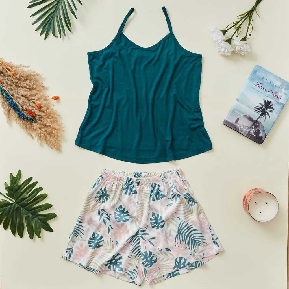 Women summer satin pajama set Dark green Top +Green x pink shorts