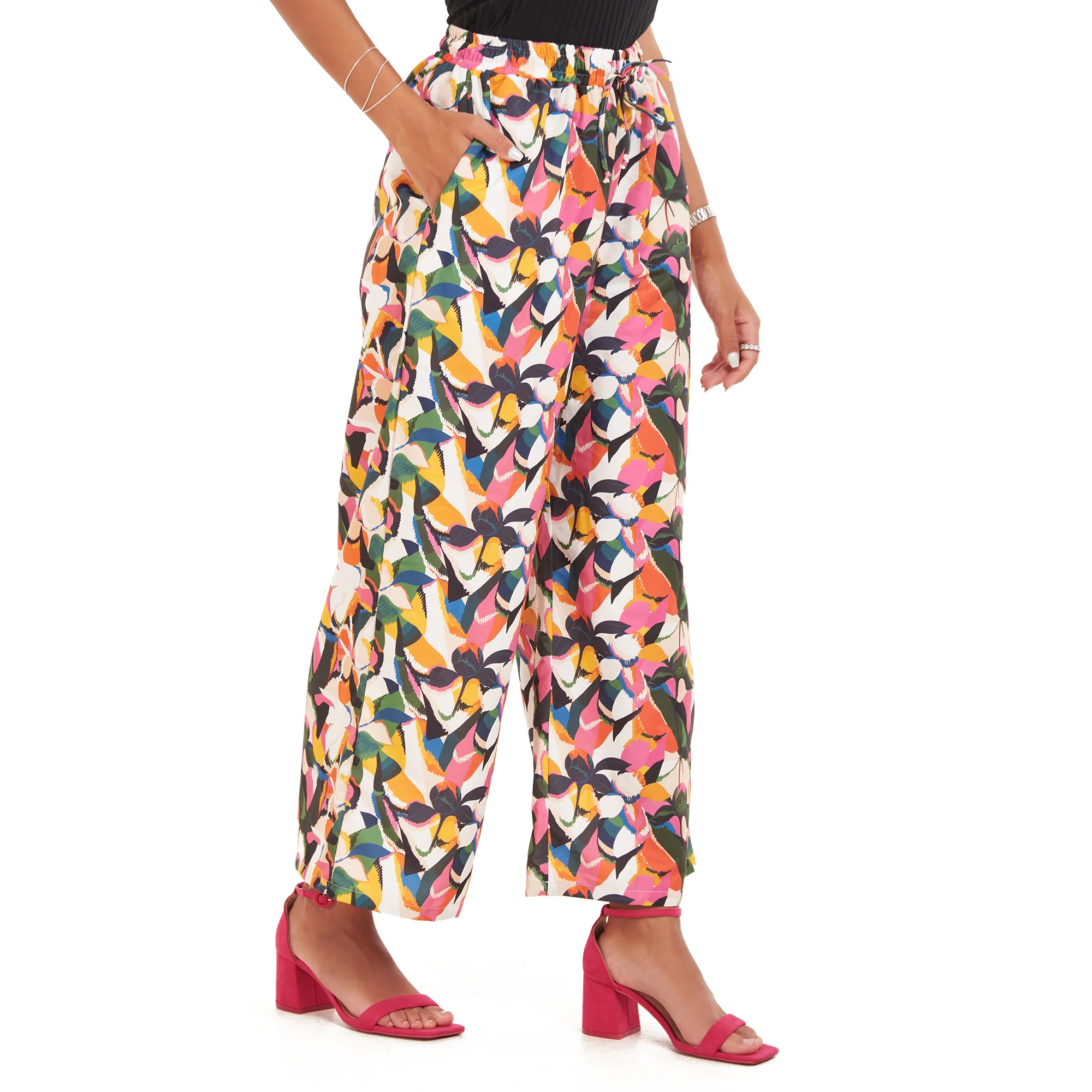 Women summer wide leg pants Floral Abstract - Image 3
