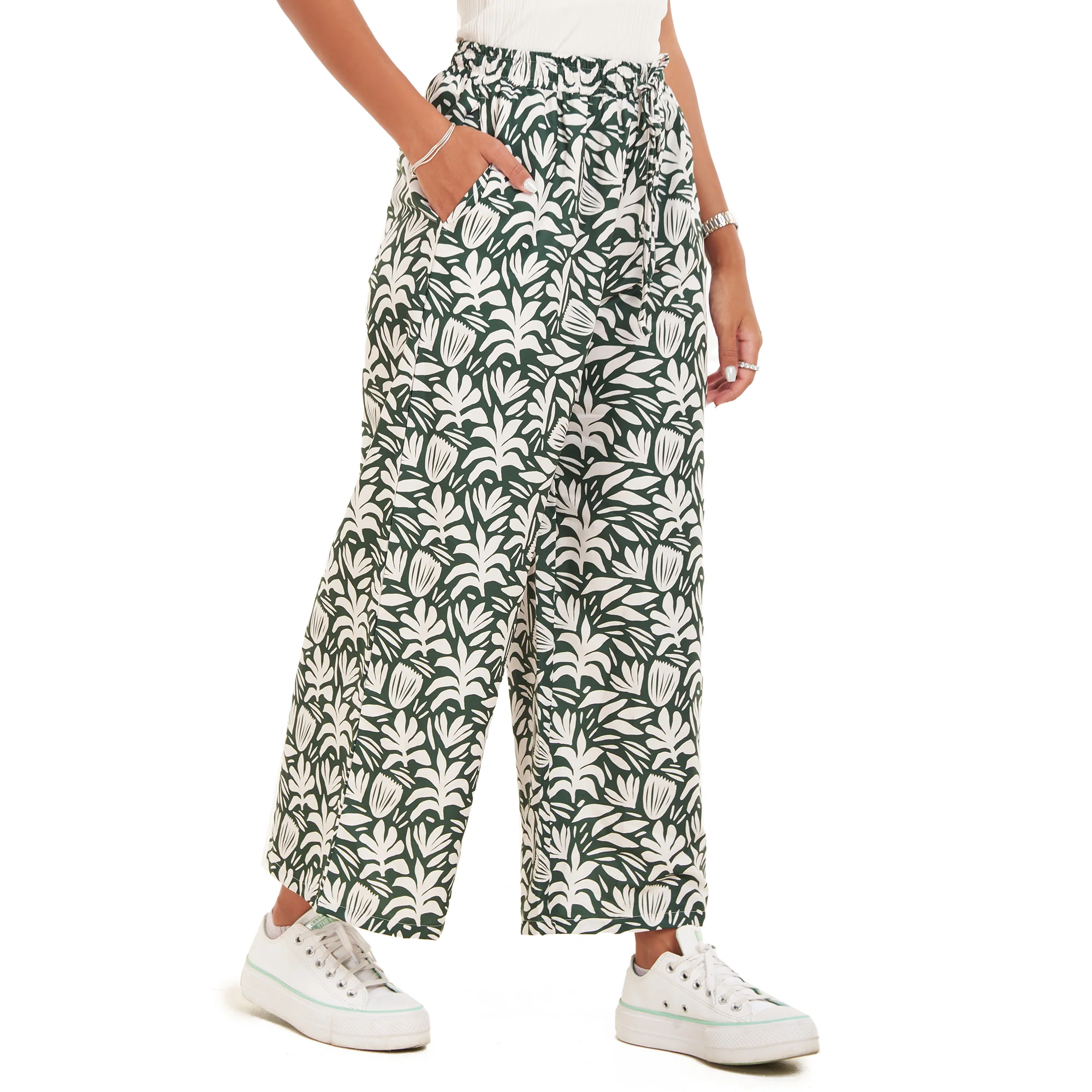 Women summer wide leg pants Leaves - Image 3