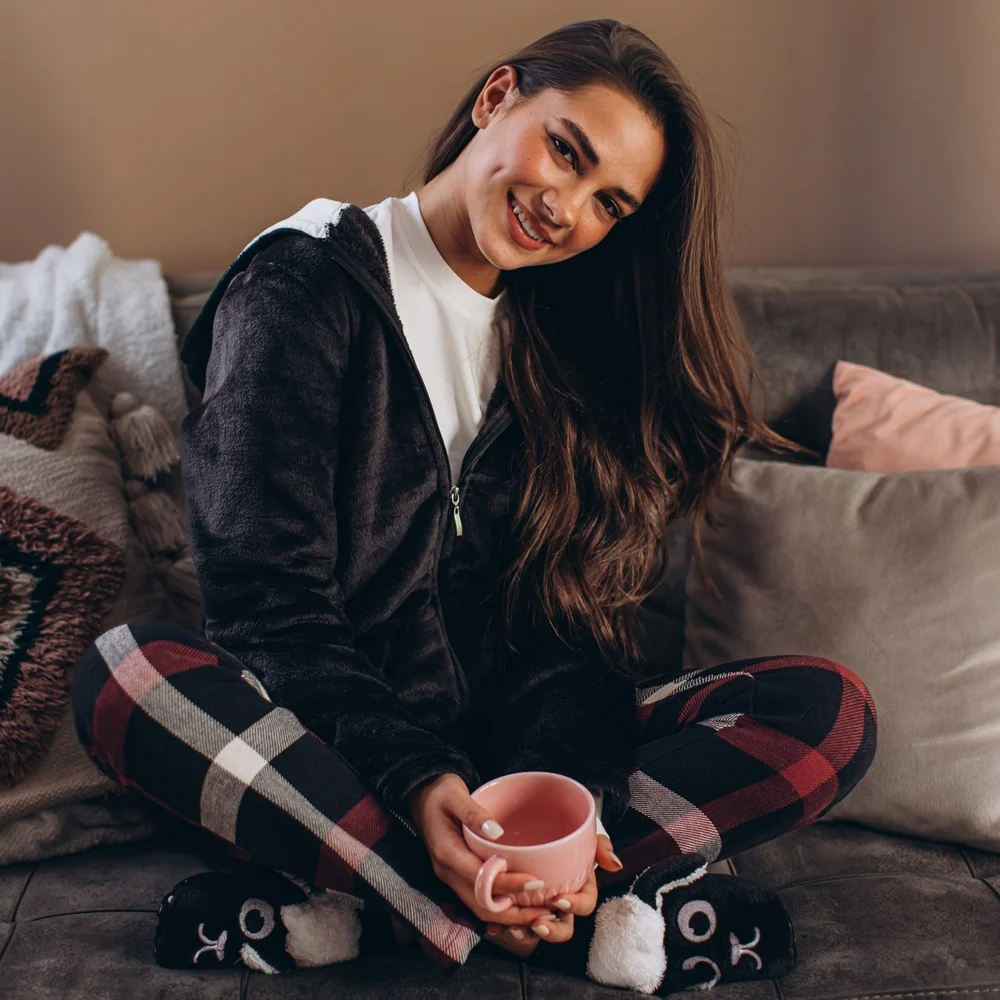 Women Winter Pajama 3 PCS Set Black Sweatshirt +Off-white top+ Black x Red Checkered Pants