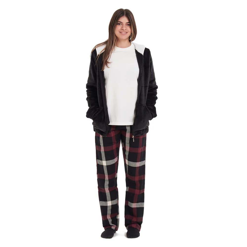 Women Winter Pajama 3 PCS Set Black Sweatshirt +Off-white top+ Black x Red Checkered Pants - Image 2