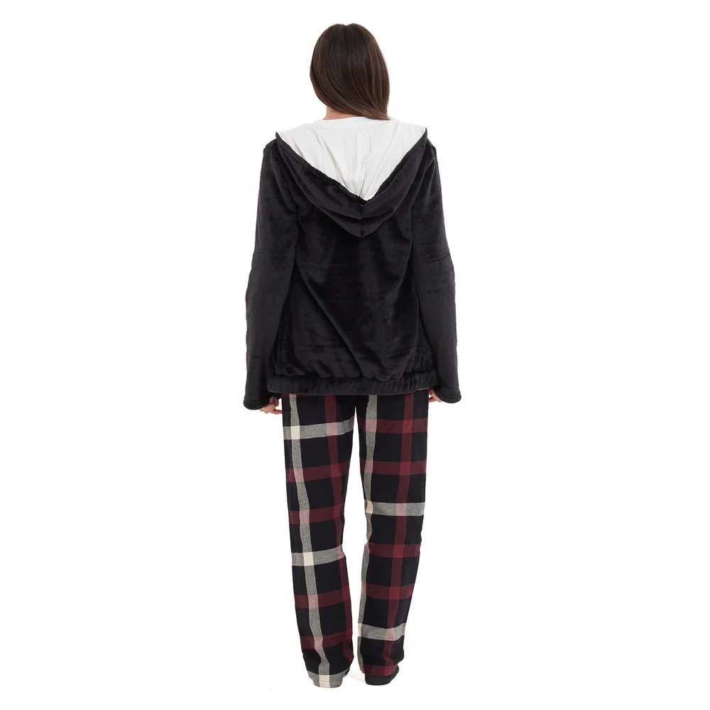 Women Winter Pajama 3 PCS Set Black Sweatshirt +Off-white top+ Black x Red Checkered Pants - Image 3