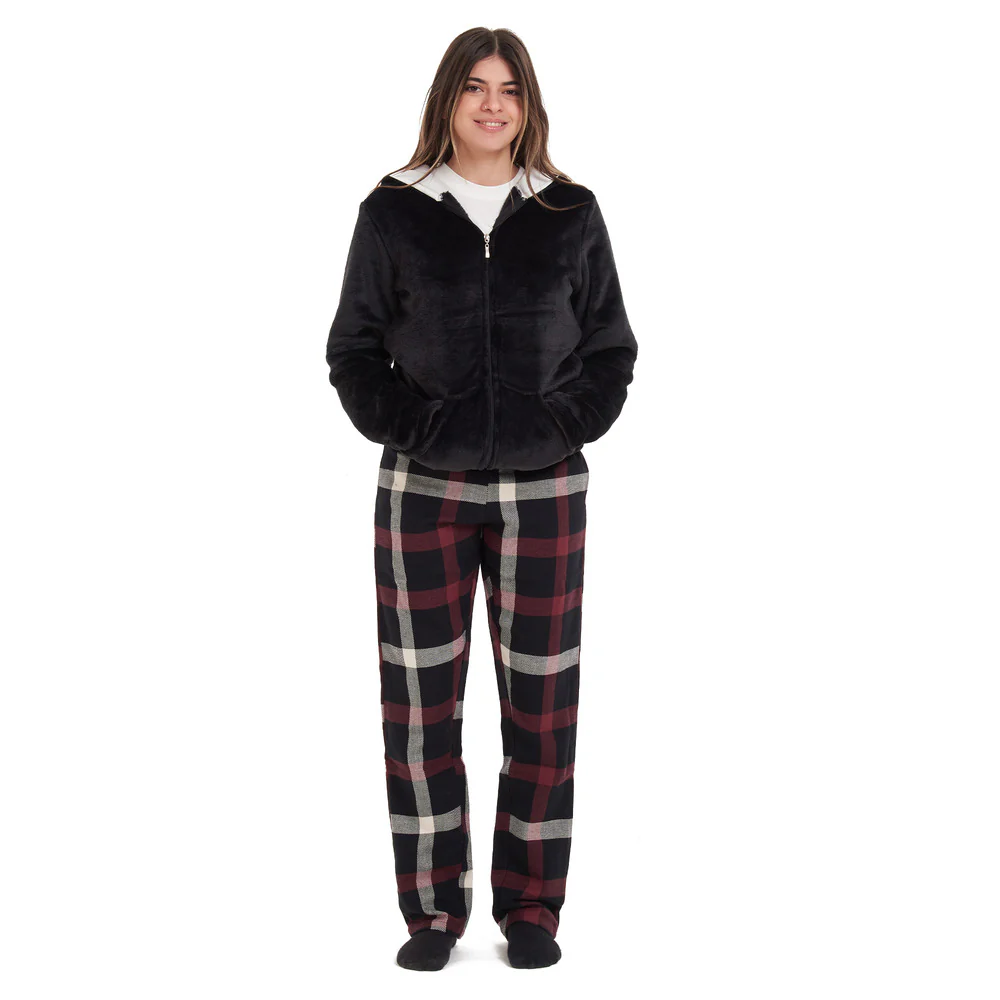 Women Winter Pajama 3 PCS Set Black Sweatshirt +Off-white top+ Black x Red Checkered Pants - Image 4