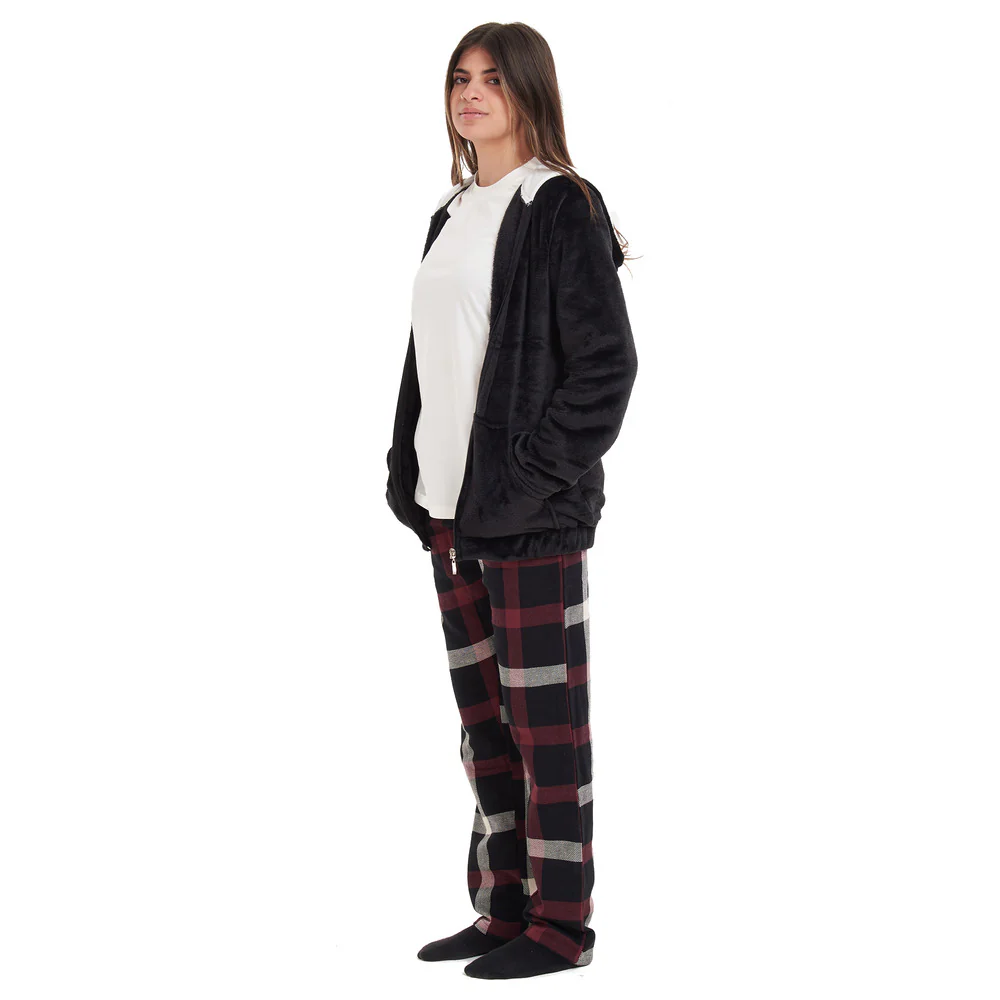 Women Winter Pajama 3 PCS Set Black Sweatshirt +Off-white top+ Black x Red Checkered Pants - Image 5