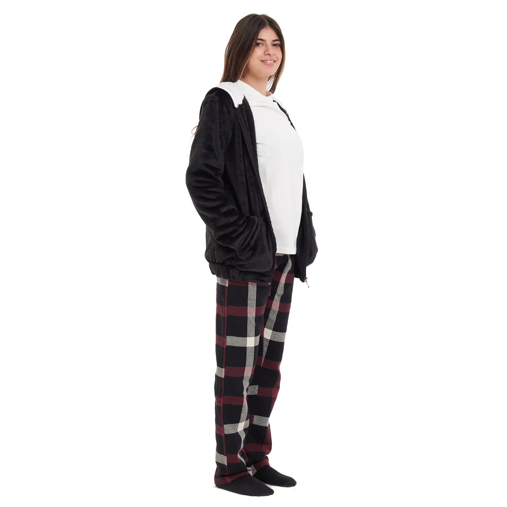 Women Winter Pajama 3 PCS Set Black Sweatshirt +Off-white top+ Black x Red Checkered Pants - Image 6