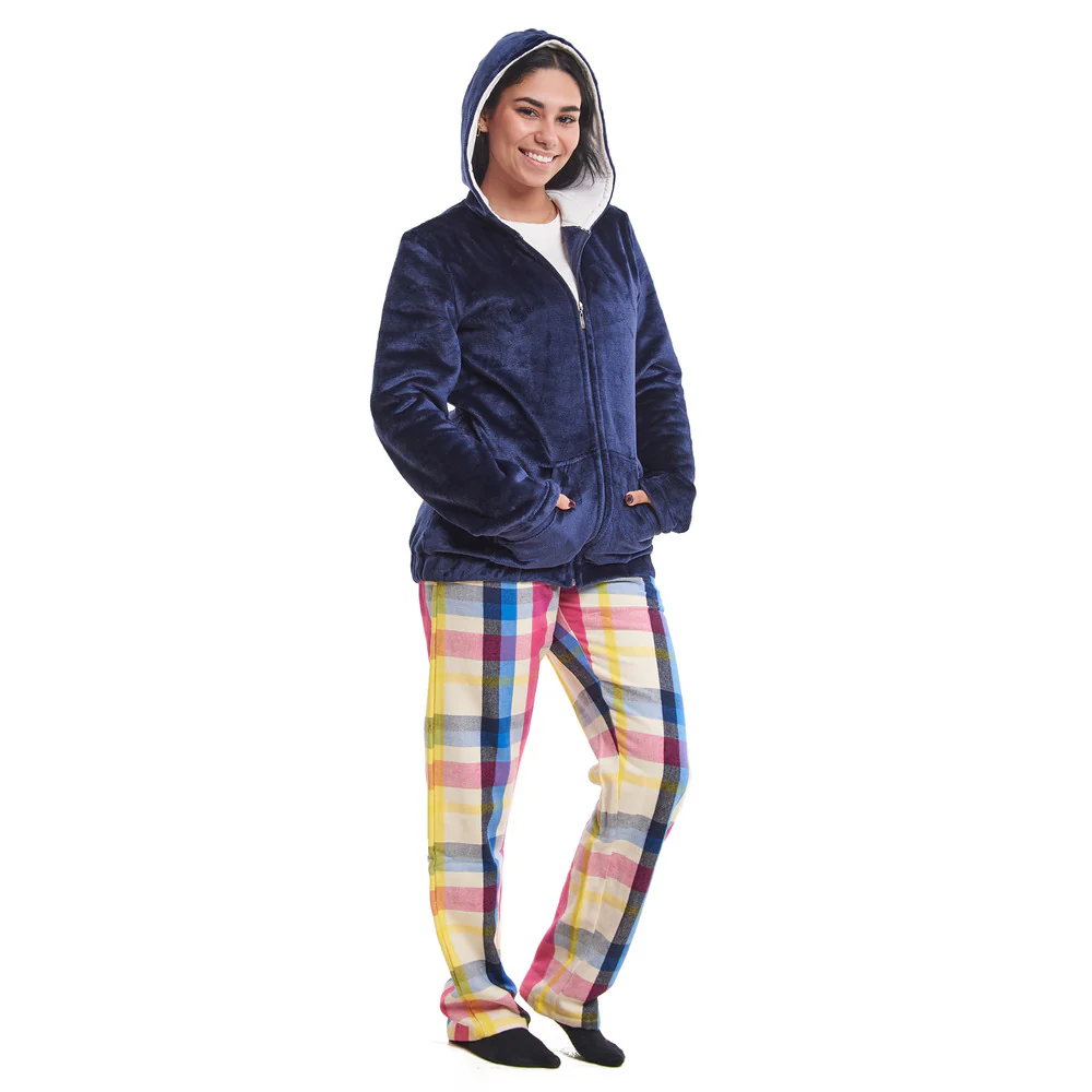 Women Winter Pajama 3 PCS Set Dark Blue Sweatshirt +Off-white top+ Dark Blue x Fuchsia Checkered Pants - Image 2