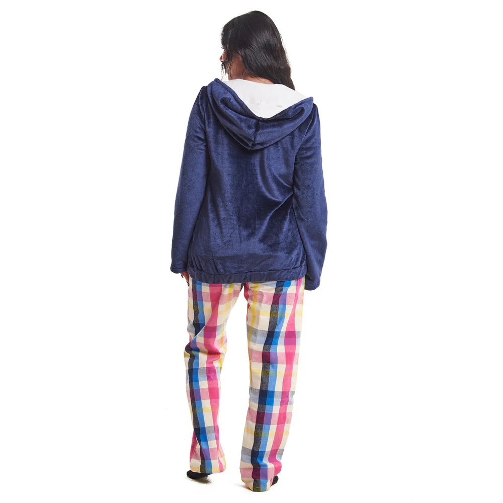 Women Winter Pajama 3 PCS Set Dark Blue Sweatshirt +Off-white top+ Dark Blue x Fuchsia Checkered Pants - Image 3