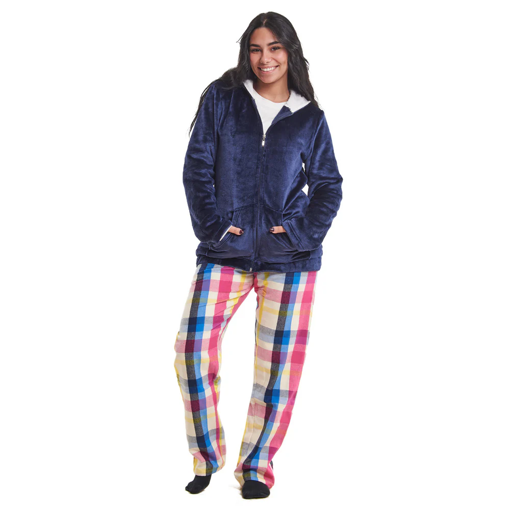 Women Winter Pajama 3 PCS Set Dark Blue Sweatshirt +Off-white top+ Dark Blue x Fuchsia Checkered Pants - Image 4