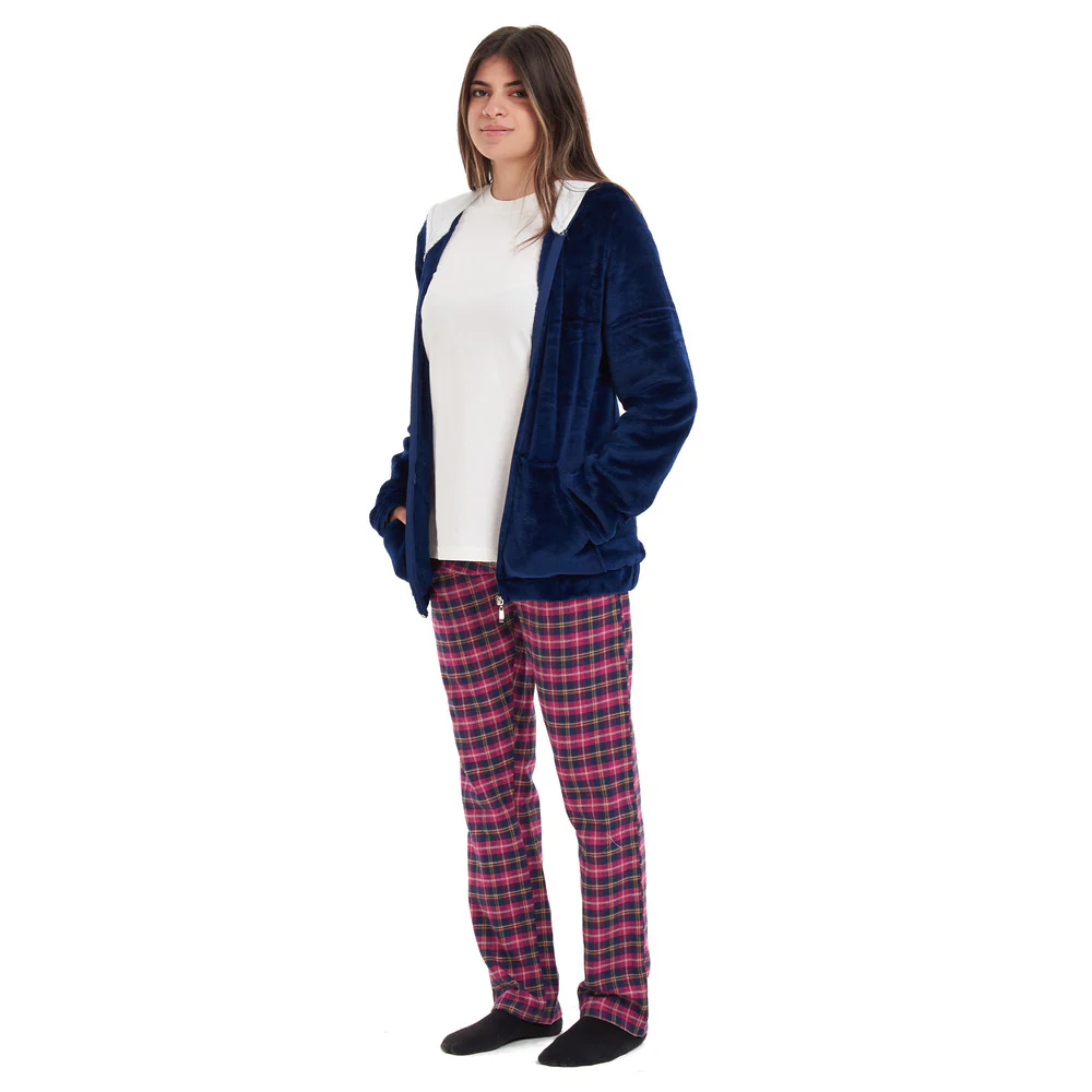 Women Winter Pajama 3 PCS Set Dark blue Sweatshirt +Off-white top+Fuchsia Checkered Pants - Image 2