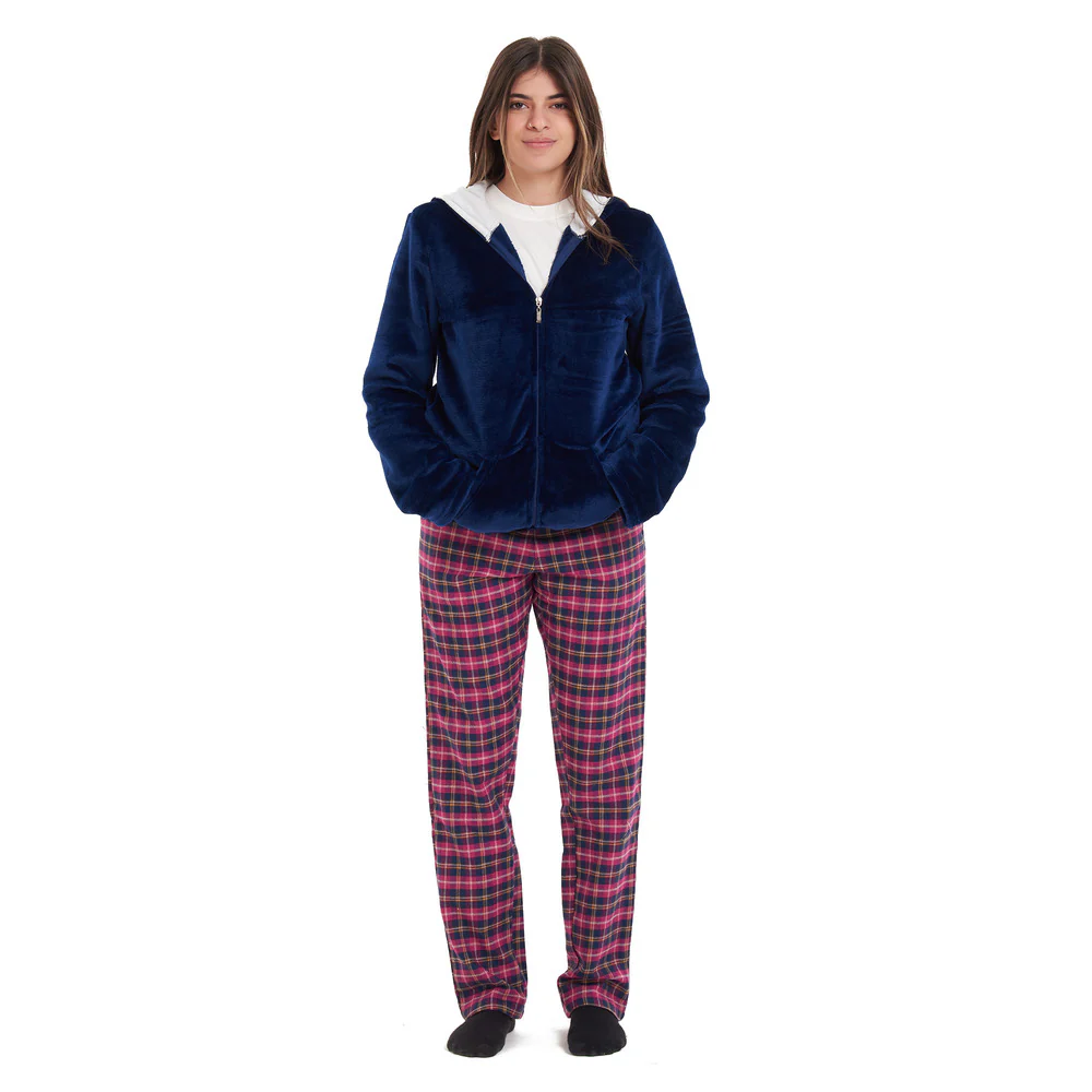 Women Winter Pajama 3 PCS Set Dark blue Sweatshirt +Off-white top+Fuchsia Checkered Pants - Image 3