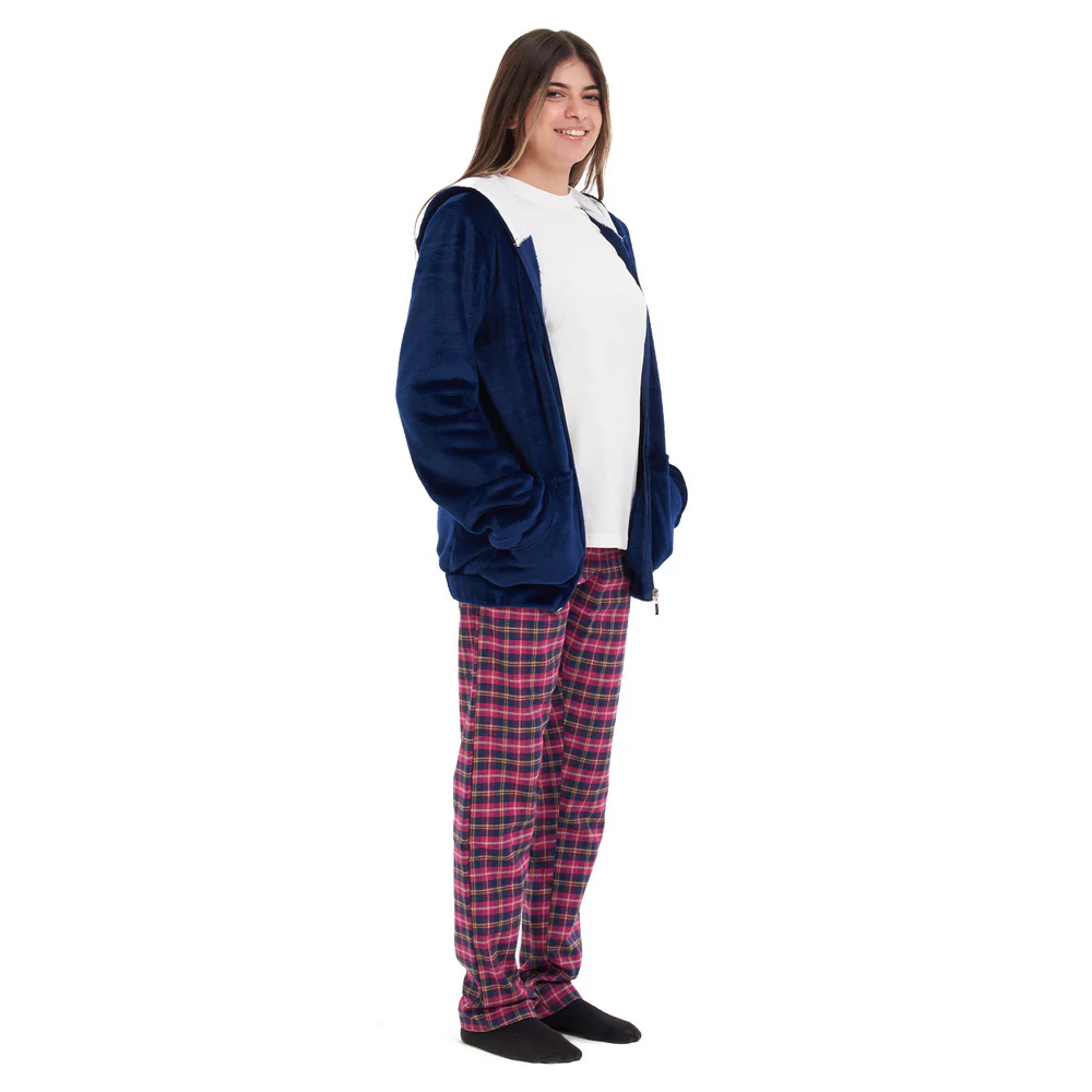 Women Winter Pajama 3 PCS Set Dark blue Sweatshirt +Off-white top+Fuchsia Checkered Pants - Image 4