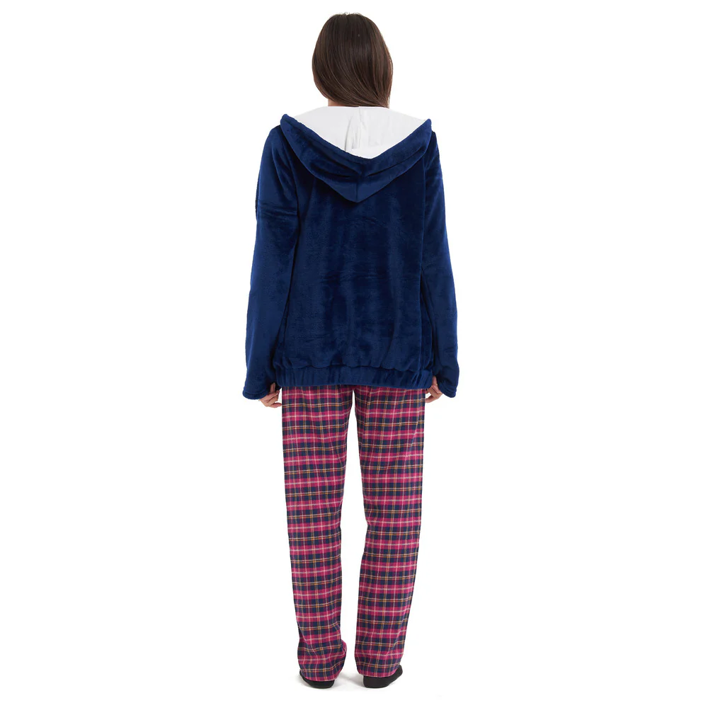 Women Winter Pajama 3 PCS Set Dark blue Sweatshirt +Off-white top+Fuchsia Checkered Pants - Image 5