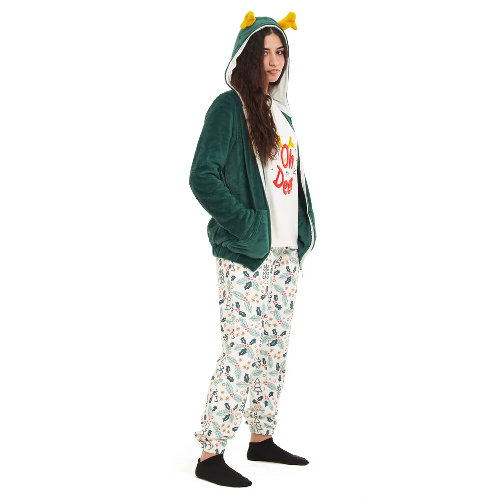 Women Winter Pajama 3 PCS Set Green Sweatshirt +Off-white top+ Pants - Image 2