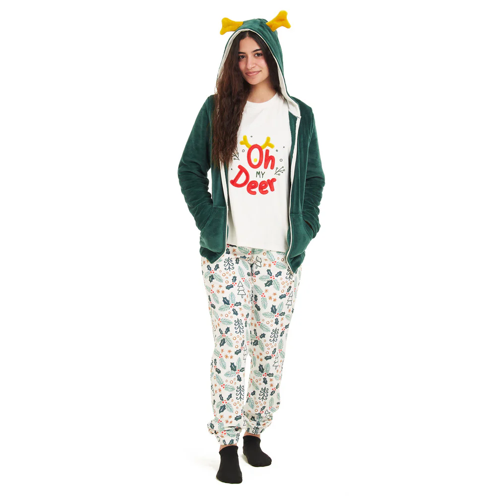 Women Winter Pajama 3 PCS Set Green Sweatshirt +Off-white top+ Pants - Image 3