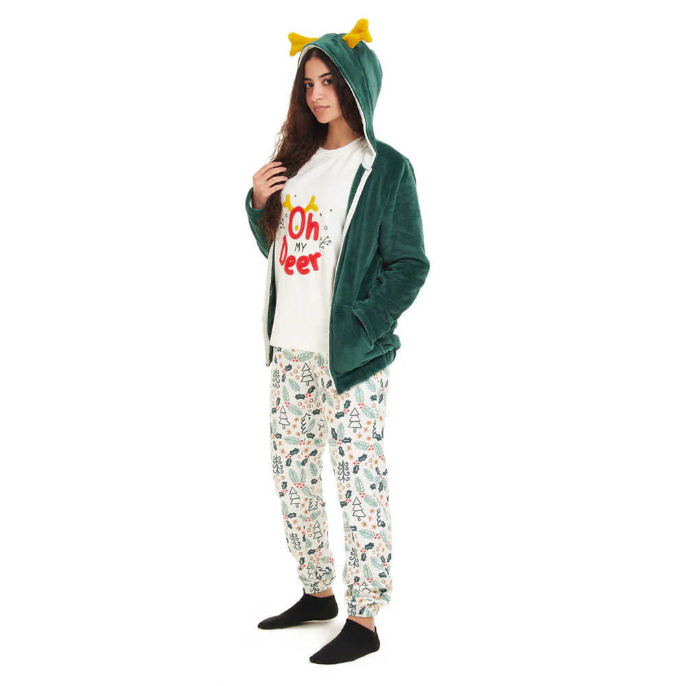Women Winter Pajama 3 PCS Set Green Sweatshirt +Off-white top+ Pants - Image 4