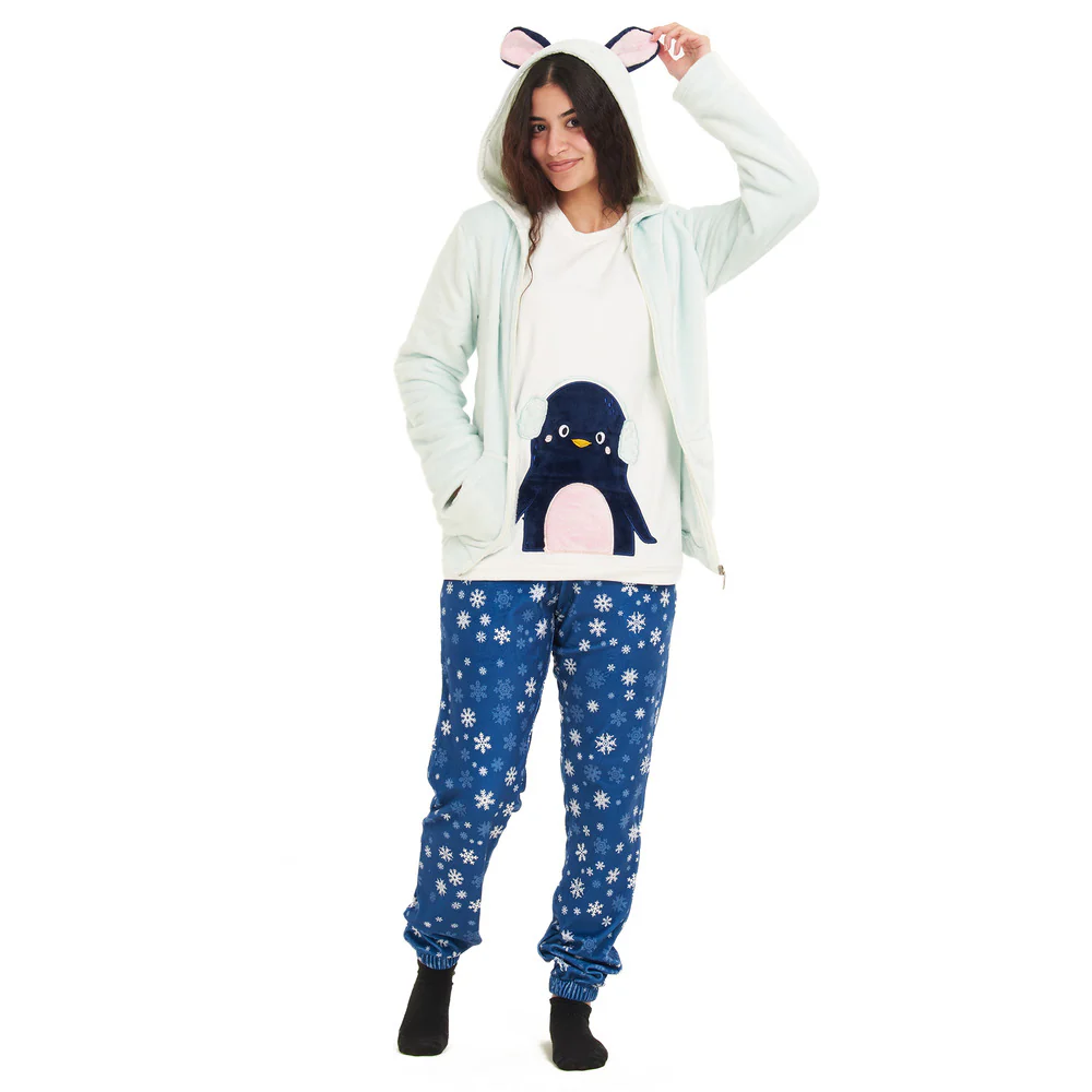 Women Winter Pajama 3 PCS Set Mint Sweatshirt +Off-white top+ Dark blue snowflakes Pants - Image 2