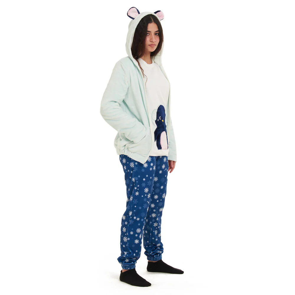 Women Winter Pajama 3 PCS Set Mint Sweatshirt +Off-white top+ Dark blue snowflakes Pants - Image 3