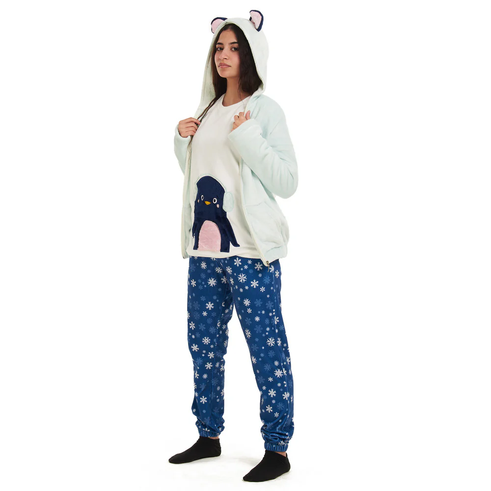 Women Winter Pajama 3 PCS Set Mint Sweatshirt +Off-white top+ Dark blue snowflakes Pants - Image 4