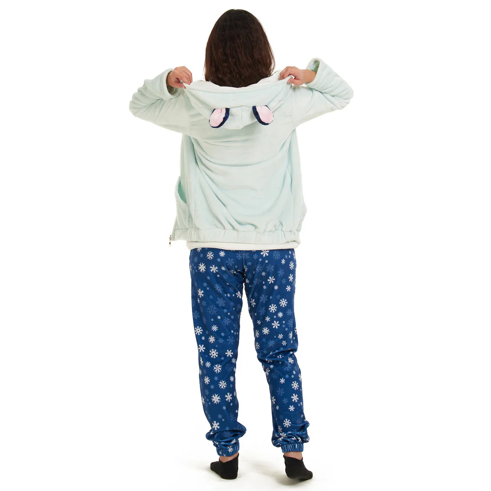 Women Winter Pajama 3 PCS Set Mint Sweatshirt +Off-white top+ Dark blue snowflakes Pants - Image 5