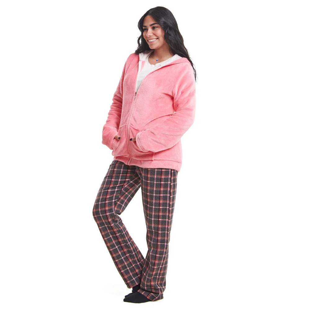 Women Winter Pajama 3 PCS Set Simon Sweatshirt +Off-white top+ Pink x Dark Grey Checkered Pants - Image 2