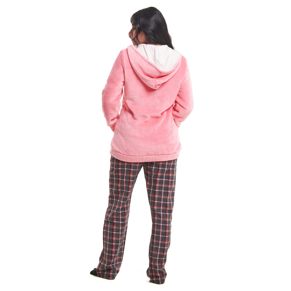 Women Winter Pajama 3 PCS Set Simon Sweatshirt +Off-white top+ Pink x Dark Grey Checkered Pants - Image 3