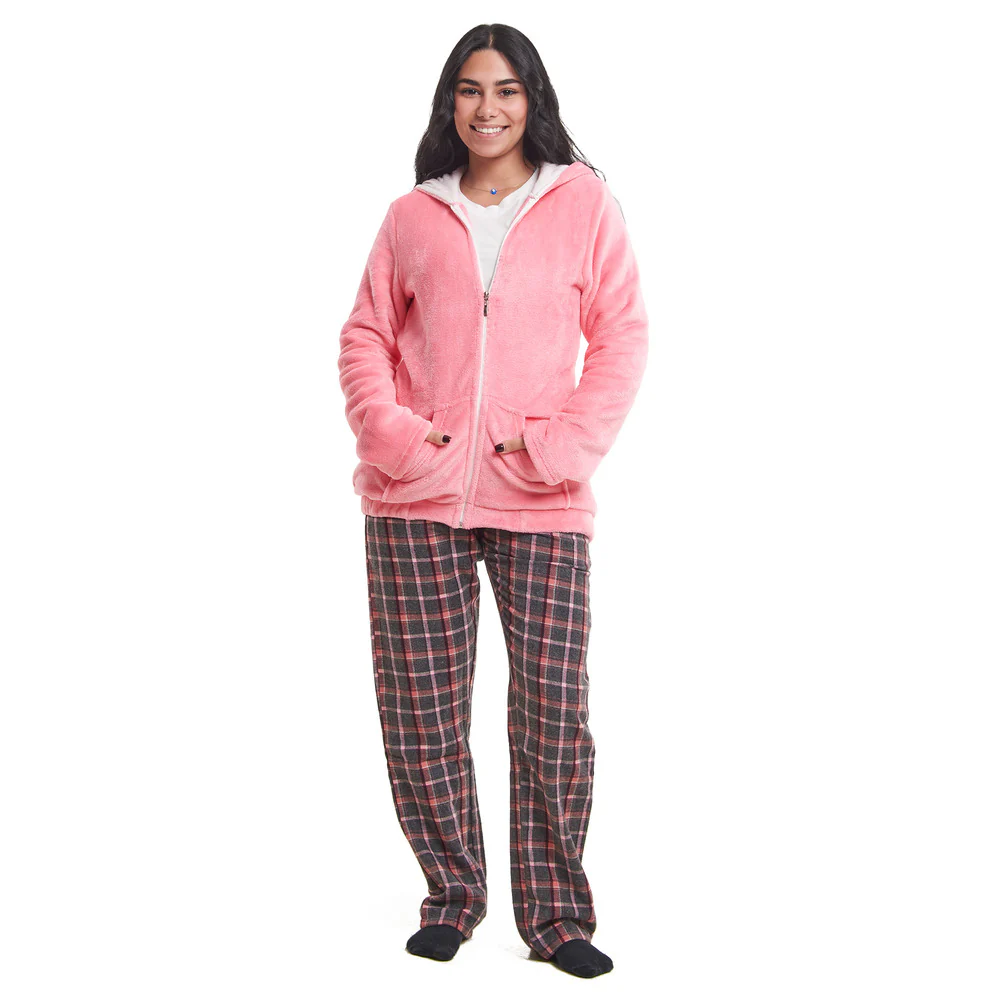 Women Winter Pajama 3 PCS Set Simon Sweatshirt +Off-white top+ Pink x Dark Grey Checkered Pants - Image 4