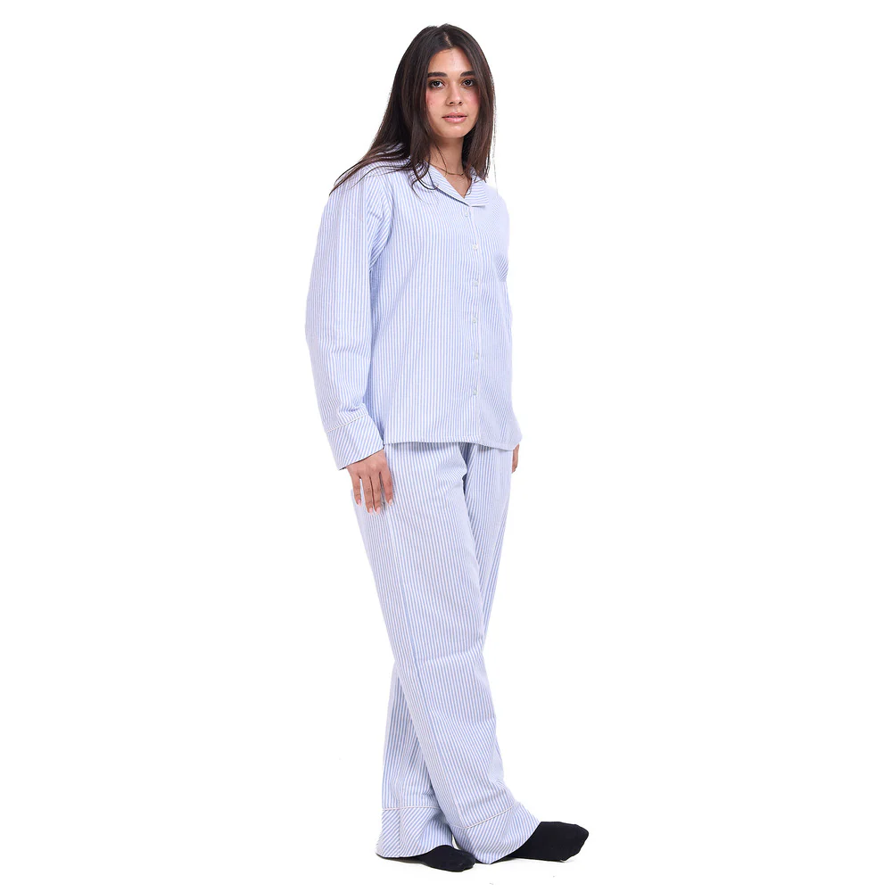 Women Winter Pajama Set Baby Blue Stripes buttoned sweatshirt + pants - Image 2