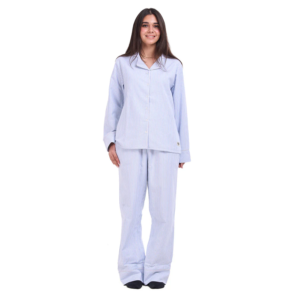 Women Winter Pajama Set Baby Blue Stripes buttoned sweatshirt + pants - Image 3