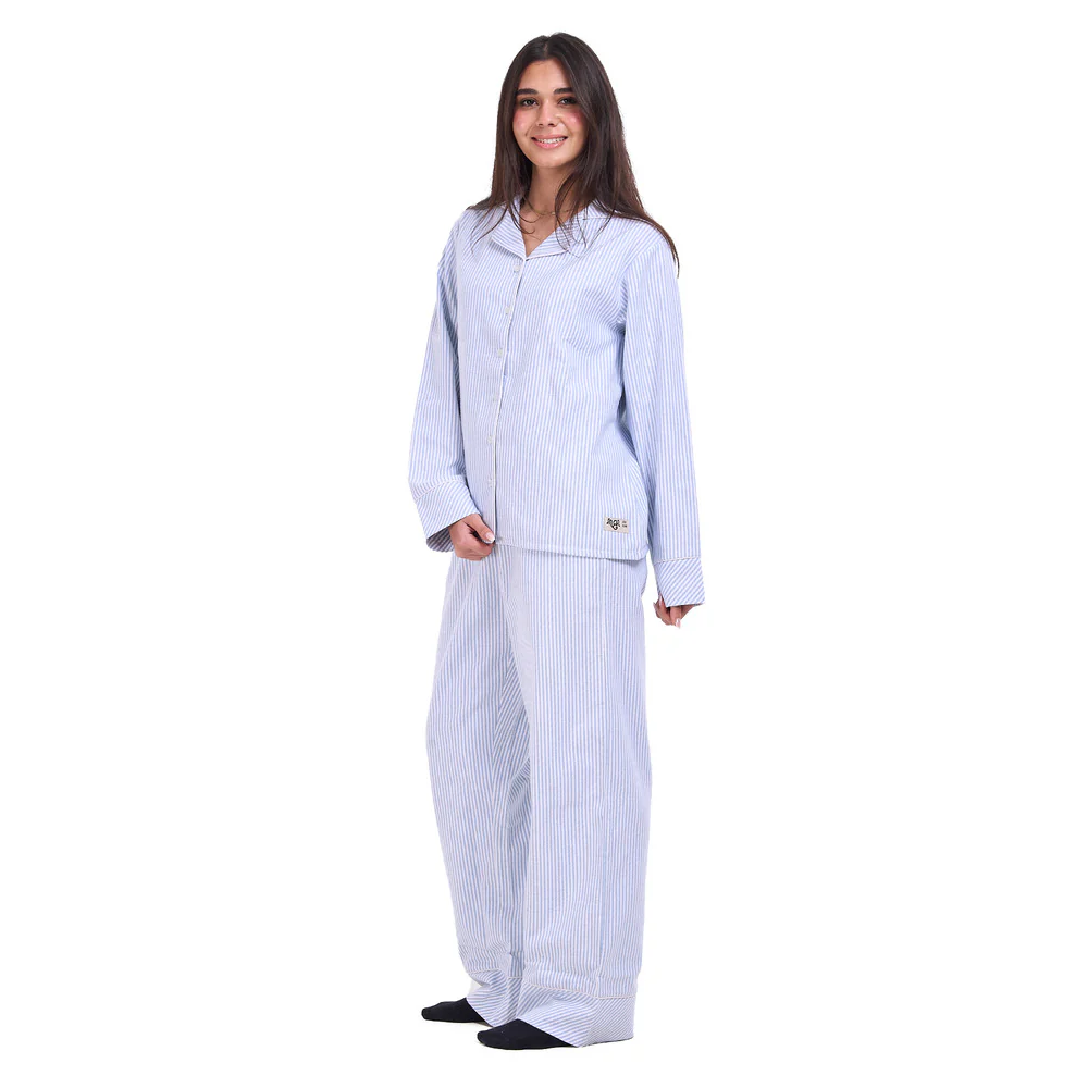 Women Winter Pajama Set Baby Blue Stripes buttoned sweatshirt + pants - Image 5