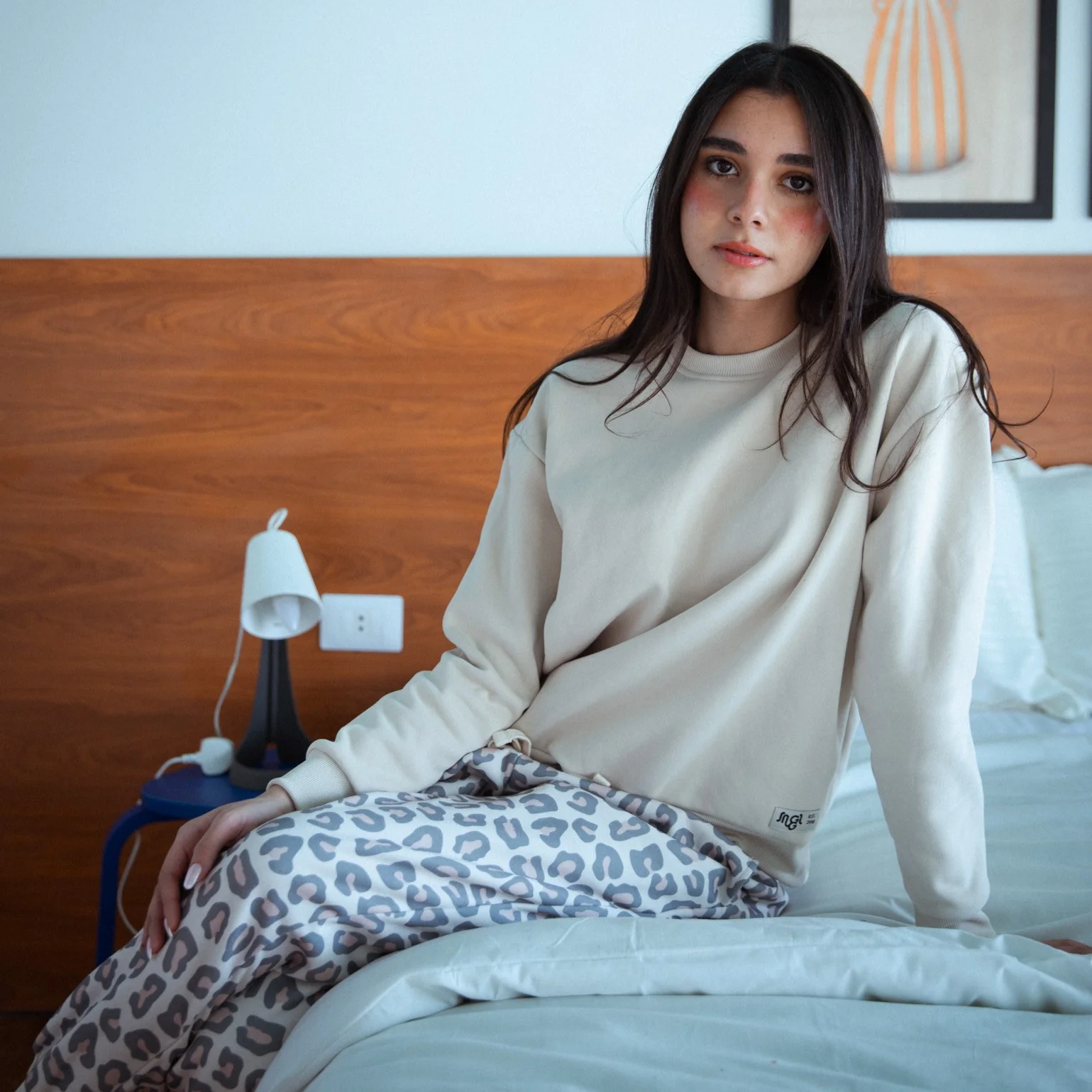 Women Winter Pajama Set Beige Sweatshirt + Pastel Leopard Pants - Image 2