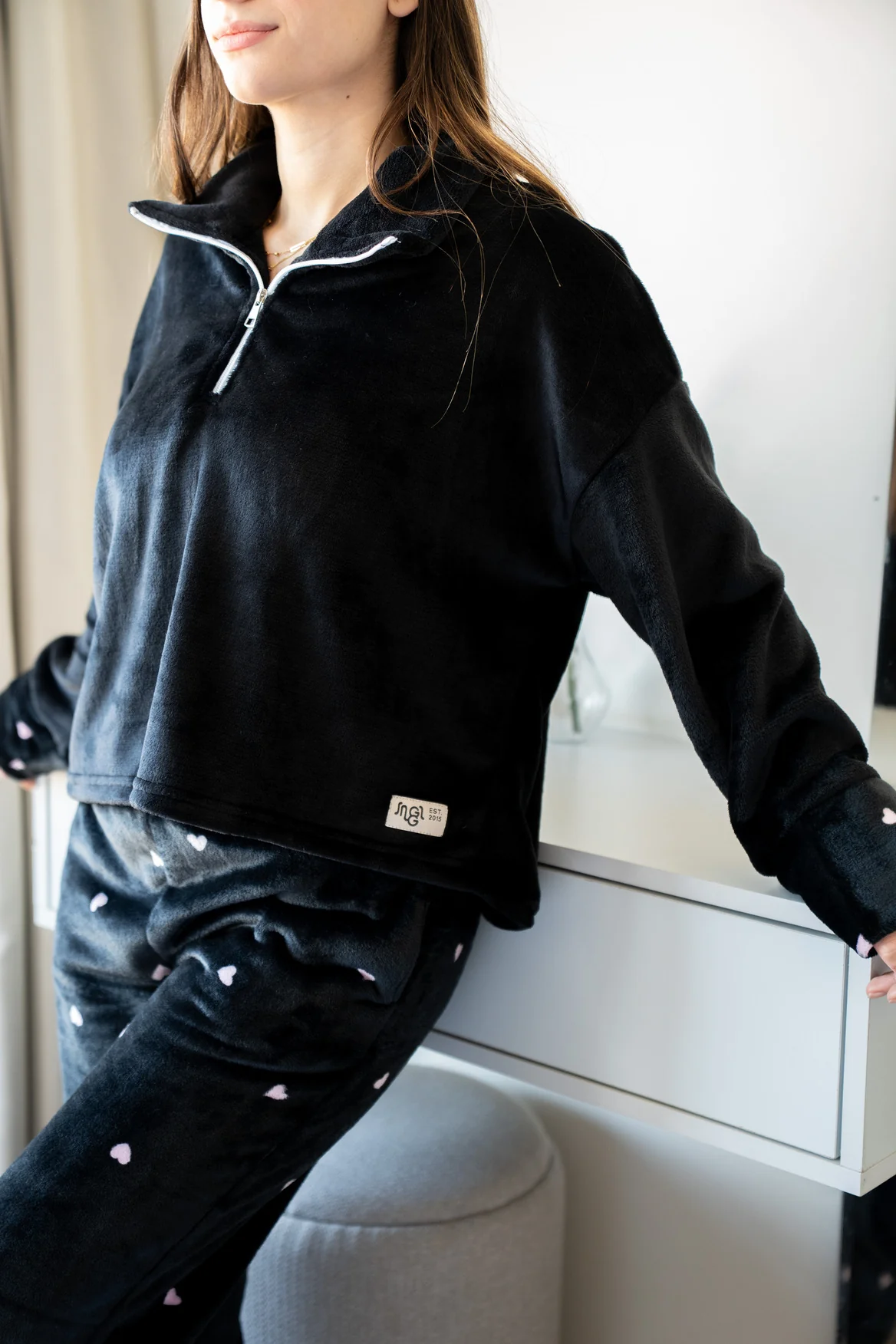 Women Winter Pajama Set Black Sweatshirt + Black Hearts Pants - Image 2