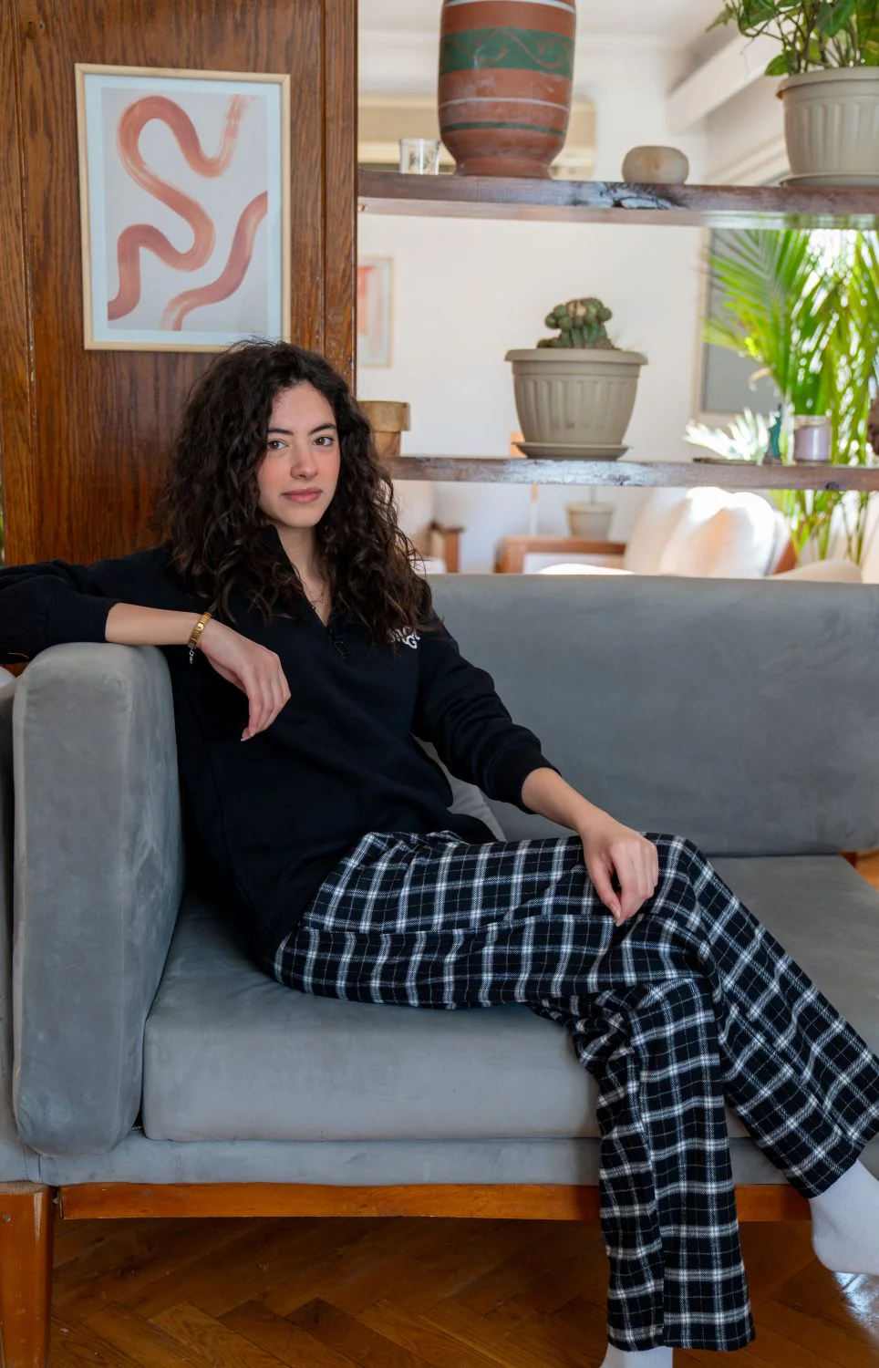 Women Winter Pajama Set Black sweatshirt + Black X White Checkered Pants