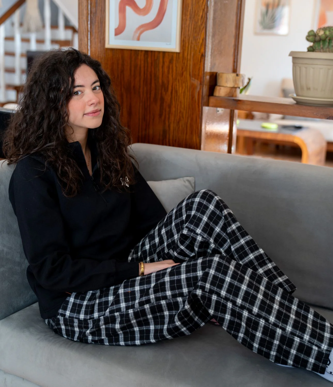 Women Winter Pajama Set Black sweatshirt + Black X White Checkered Pants - Image 3